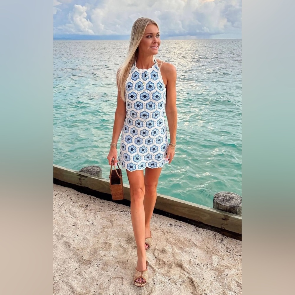 Show Me Your MuMu Happy Halter Mini Dress Blue/White Flower Crochet Size L